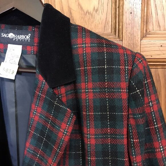 Vintage Sag Harbor Blazer Women's 14 Red Tartan Plaid Gold Thread 90s Wool Blend - Picture 5 of 12
